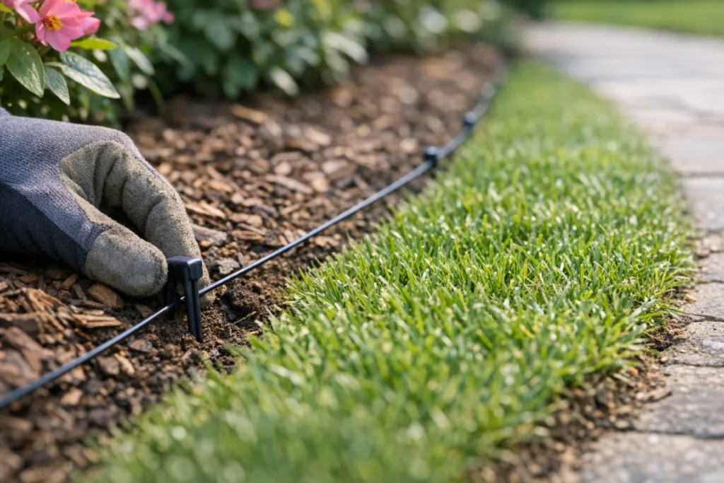 A close, ground-level view of thin boundary wire pegged neatly along the edge of grass beside a flower bed or path, showing how it follows the perimeter wi