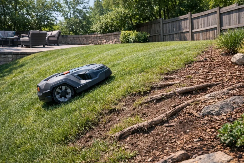 A wide, side-on real-world view of a low-profile robotic mower traversing a visibly steep residential grass bank, with a level patio or fence line in the b