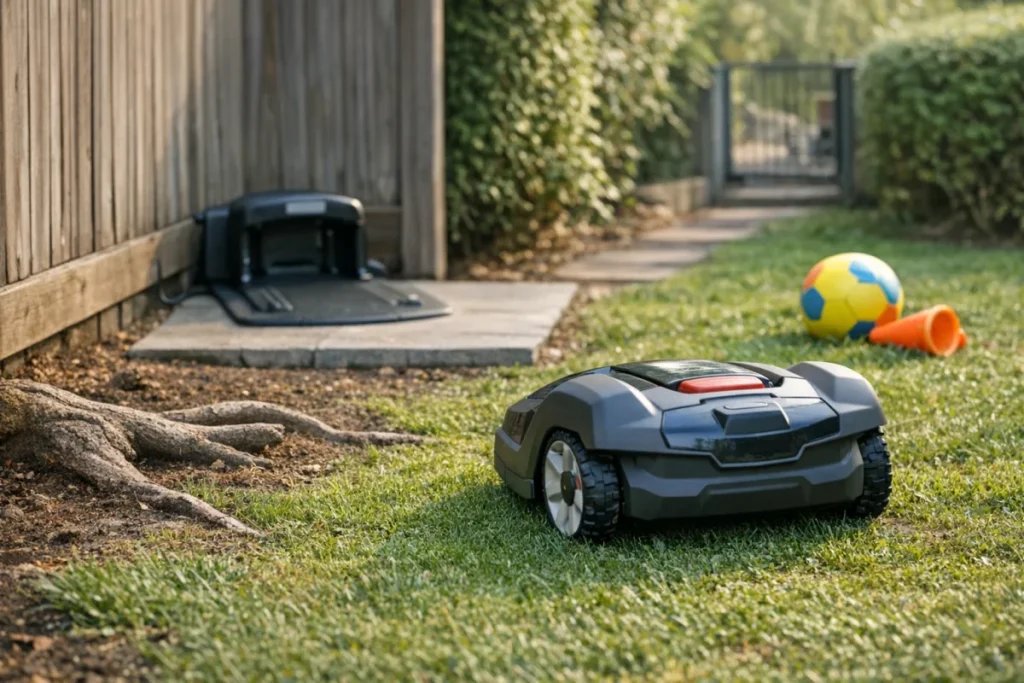 A close real-yard view of a robot mower approaching its charging station on a level pad, with clear open space in front and a few visible nearby trouble sp