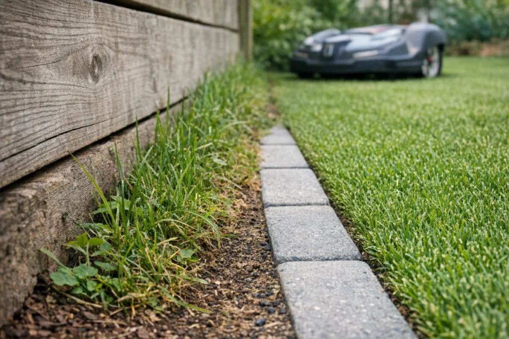 Close ground-level detail of a robot-mowed lawn beside a fence or raised bed, with a narrow uncut strip along the obstacle and a nearby flush paver or mow-