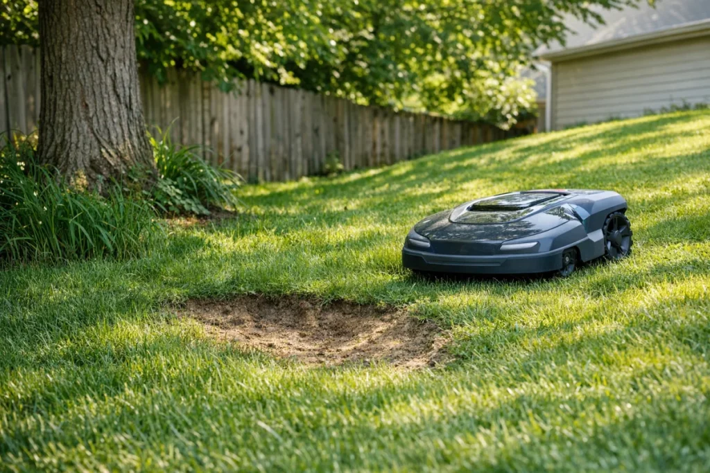 A non-branded robot mower working across a slightly uneven, shaded residential lawn edge, with taller grass under trees and a visible low spot where cuttin