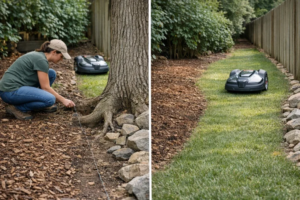A non-branded side-by-side yard scene showing a tight rough mulch edge, exposed root, or narrow pinch point contrasted with a cleaned-up, widened, mower-fr