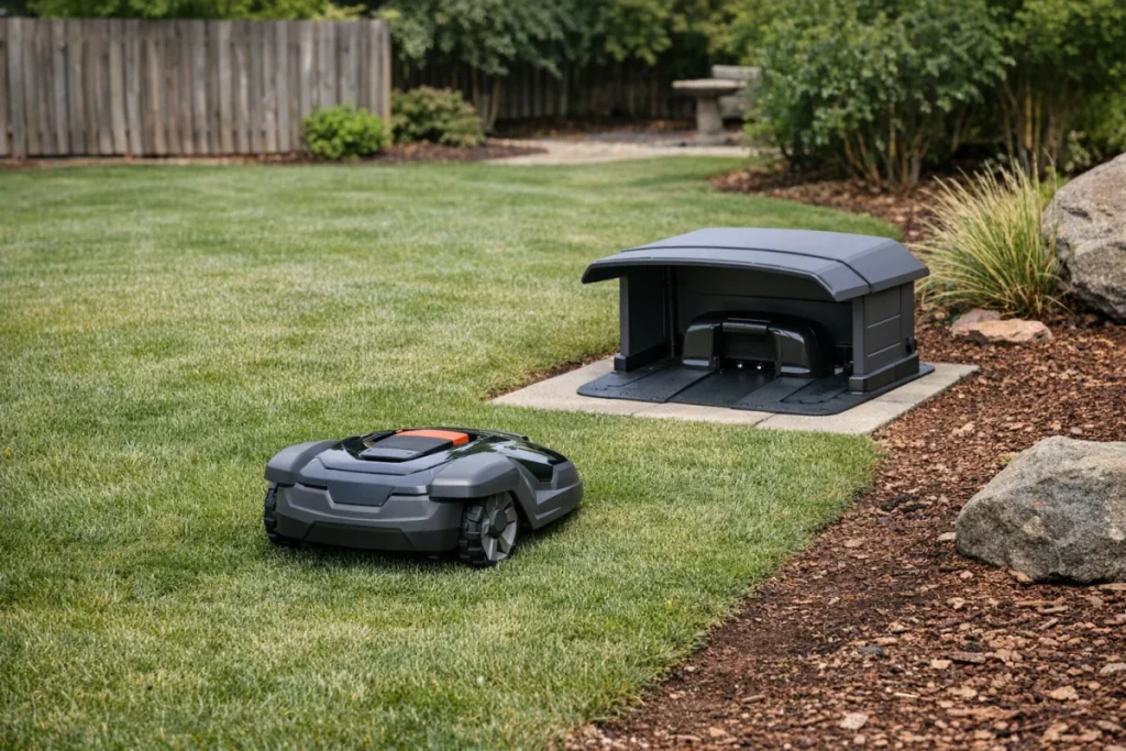 A robot mower charging station set on a firm, level lawn edge or pad, with the mower aligned straight into the dock and a clear open approach path in front