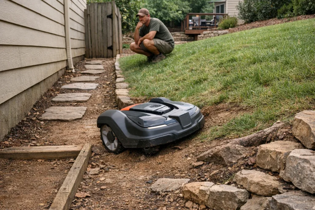 A robot mower near a real yard transition where a narrow side passage meets a modest grassy slope, with visible uneven ground and edging that could affect