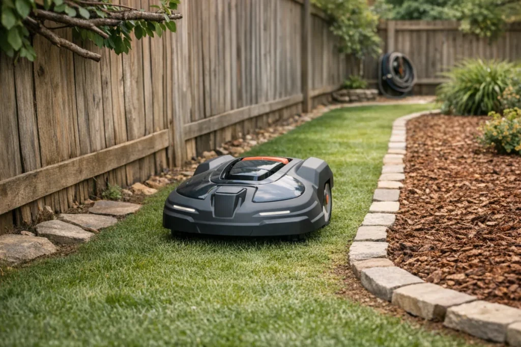 A robot mower passing cleanly through a widened narrow area beside a mulch bed or fence, with low branches trimmed back and the mowing edge smoothed so the